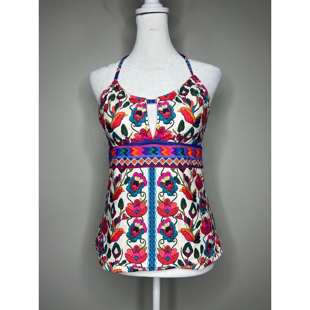 Nanette Lepore Halter Tankini Top M Colorful Floral Folk Print Boho Print Swim